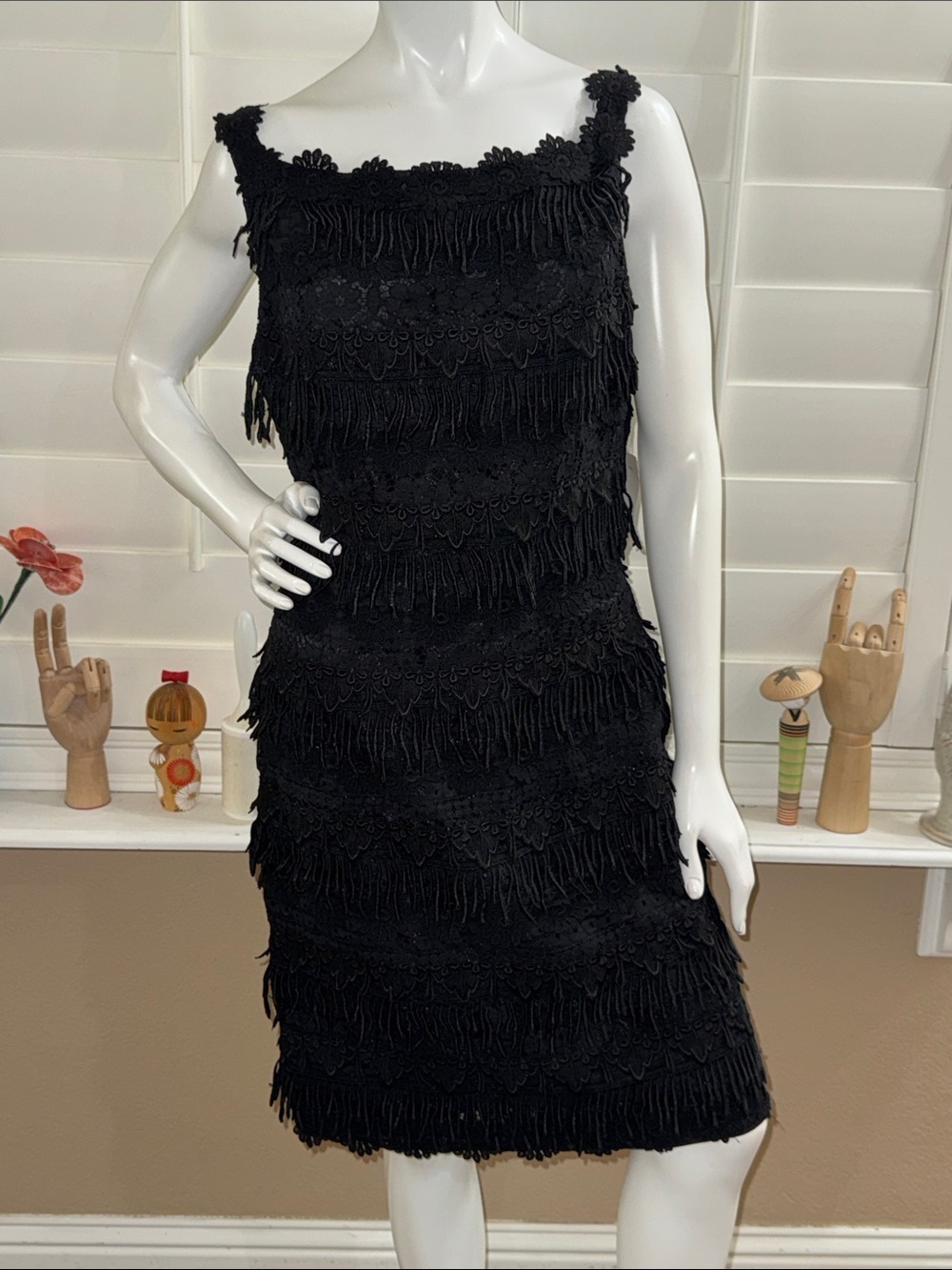 Victor Costa Vintage Tiered Fringe Black Strapless Dress
